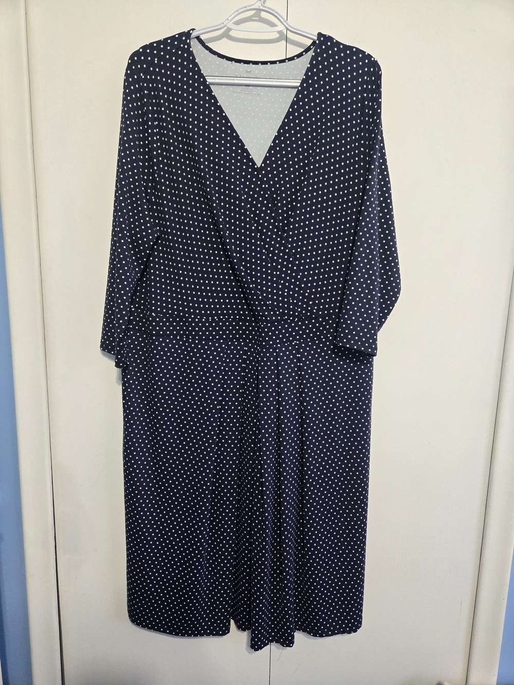 Talbots 14W Navy Blue Polka Dot Wrap Dress Knee Length Stretch Plus Size